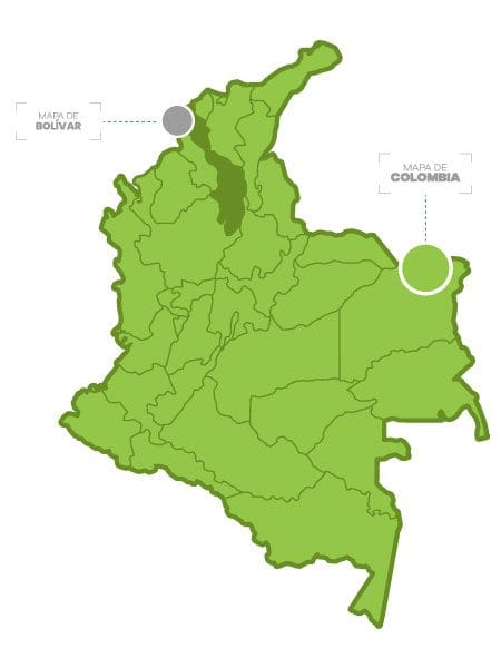 El mapa muestra el mapa de colombia con tonos verde claro resaltando bolivar con verde oscuro