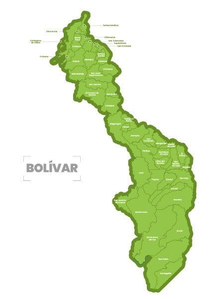 Mapa de bolivar con bordes verdes oscuros fronterisos, territorio en color verde claro