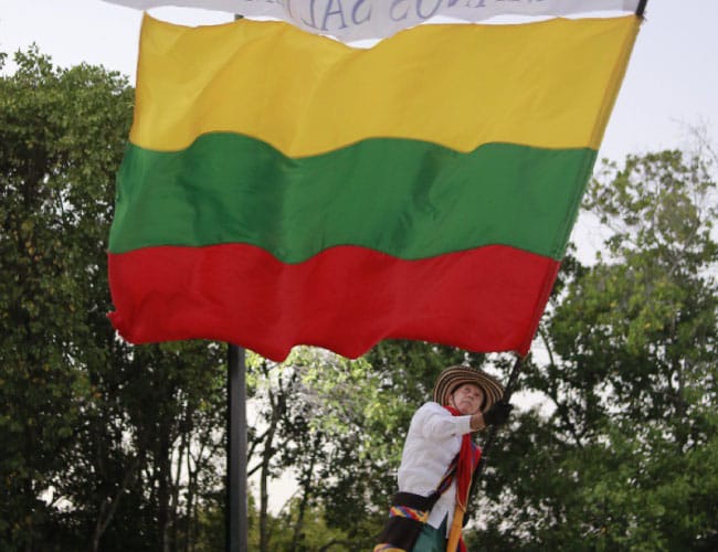 Persona sosteniendo la bandera de Bolívar durante una actividad cultural al aire libre.